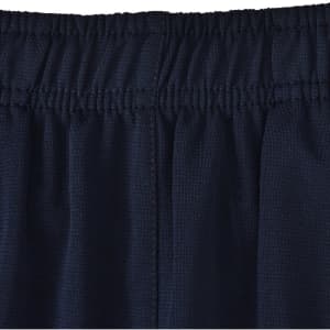 Dark navy sports shorts featuring an elastic waistband and a logo on the fabric.