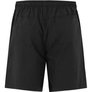 Black unisex cotton shorts featuring an elastic waistband and a back pocket, with a simple logo.
