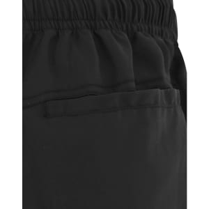 Black unisex mercerised cotton shorts featuring an elastic waistband and a side pocket. Includes branding on the fabric.