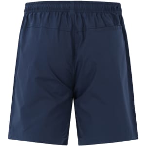 Navy unisex shorts made from mercerised cotton, featuring an elastic waistband and a back pocket. Includes branding.
