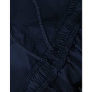 Navy unisex mercerised cotton shorts featuring an elastic waistband with a drawstring. Includes a logo detail.