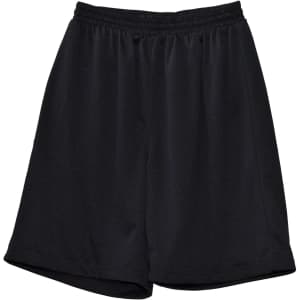 Black adults' basketball shorts featuring an elastic waistband and a logo. Suitable for sports and casual wear.