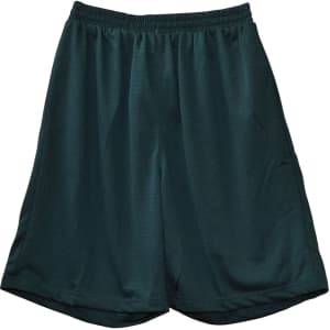 Dark green adults' basketball shorts featuring an elastic waistband and a breathable fabric texture.
