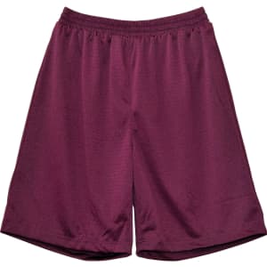Burgundy adults' basketball shorts with an elastic waistband and a breathable fabric, featuring a logo.