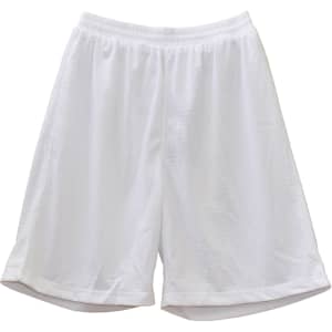 White adults' basketball shorts with a mesh fabric and an elastic waistband, featuring a logo on one side.