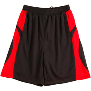 Kid's basketball shorts featuring a black body with red accents and an elastic waistband. Includes a branding logo.
