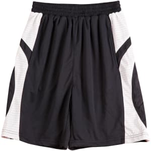 Kid's basketball shorts in black and white, featuring a logo and mesh panels for breathability.