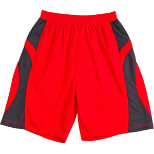 Red basketball shorts with black trim, featuring an elastic waistband and sporty design. Includes branding.