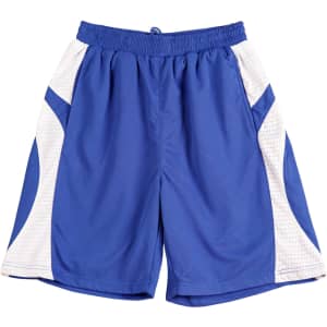 Kid's basketball shorts in blue with white mesh panels and an elastic waistband. Features a logo on the front.