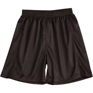 Black kid's soccer shorts with an elastic waistband and pinstripe design. Features a logo on one side.