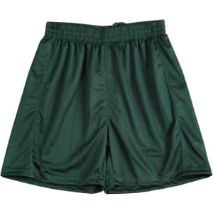 Green soccer shorts featuring an elastic waistband and a logo. Ideal for active wear or sports activities.