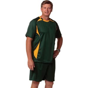 Green and yellow adults' soccer shorts paired with a matching top, featuring a logo on the chest.
