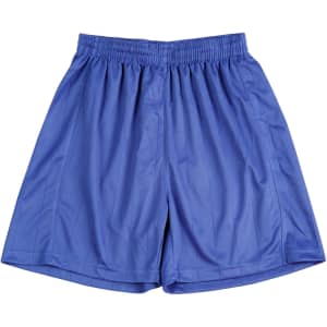 Blue kids' soccer shorts with an elastic waistband and a simple design, featuring a logo.