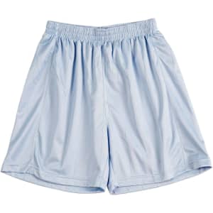 Light blue kids’ soccer shorts with an elastic waistband and a logo on the front.
