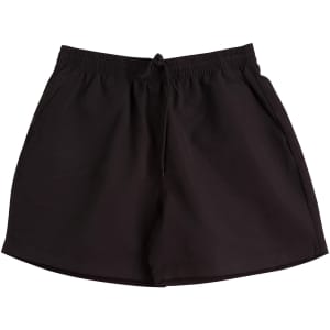 Black microfibre sports shorts featuring an elastic waistband and pockets. Includes a logo on the fabric.