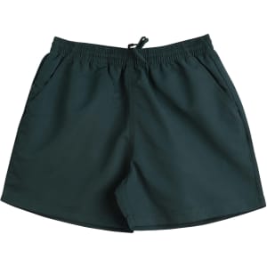 Kids microfibre shorts in a deep green colour with an elastic waistband and pockets, featuring a logo.