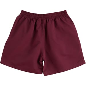 Burgundy microfibre sports shorts with an elastic waistband and smooth fabric. Features a logo.
