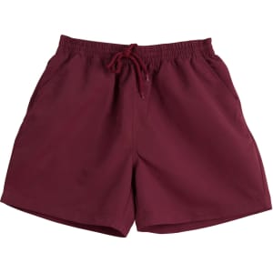 Burgundy microfibre sports shorts featuring an elasticated waistband and side pockets, with a logo.