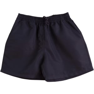 Adult microfibre shorts in black, featuring an elastic waistband and a drawstring, with a simple branding logo.