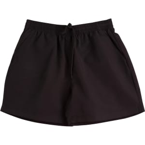 Black microfibre shorts with an elasticised waistband and side pockets, featuring a simple logo.