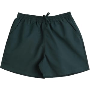 Dark green microfibre shorts with an elastic waistband and side pockets, featuring a logo.