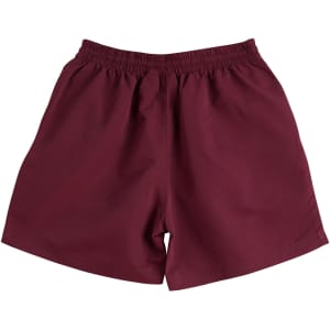 Maroon kids' microfibre sports shorts with an elastic waistband and no pockets, featuring a logo.