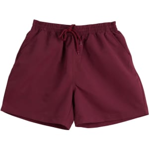 Burgundy kids' microfibre shorts with an elastic waistband and drawstring. Features side pockets and a branding logo.