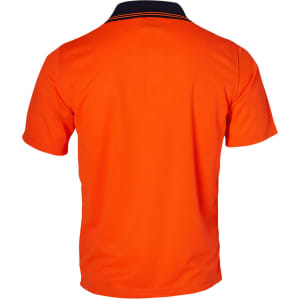A Hi-Vis short-sleeve safety polo shirt in vibrant orange, featuring a contrasting black collar and logo.