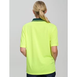 A Hi-Vis short-sleeve polo shirt in bright yellow, featuring a contrasting collar and a logo on the back.