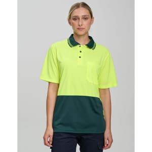 A high-visibility short-sleeve polo shirt in bright yellow and dark green with a pocket and a logo.