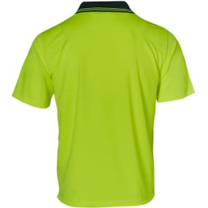 A Hi-Vis short-sleeve polo shirt in bright yellow, featuring a black collar and branding.