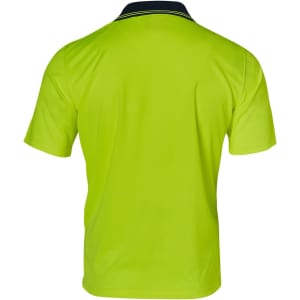 A high-visibility short-sleeve polo shirt in bright yellow with a navy collar and a logo.