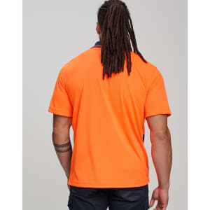 A back view of an orange short-sleeve polo shirt, featuring a logo and designed for workwear.