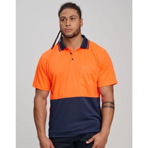 A safety polo shirt in high-visibility orange with a navy blue bottom section and a pocket, featuring a logo.