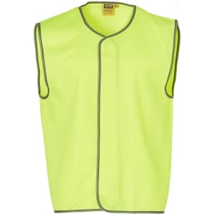 A hi-vis safety vest in bright yellow with grey trim, featuring a sleeveless design and a logo.