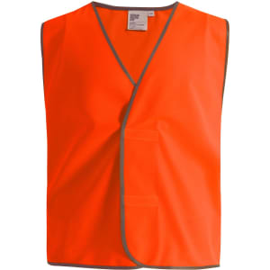 An orange Hi-Vis safety vest with grey detailing and a wrap design, featuring a logo on the label.