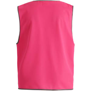 A pink hi-vis safety vest with grey trim, featuring a logo on the back.