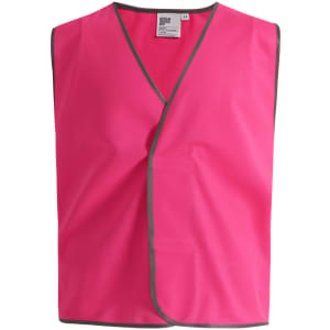 A pink Hi-Vis safety vest with grey trim, featuring an identifying label and no other visible text or logos.