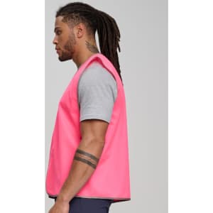 A pink Hi-Vis safety vest displayed on a model, featuring a simple, reflective design.