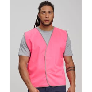 A Hi-Vis safety vest in bright pink, featuring a simple design with a logo on the front.