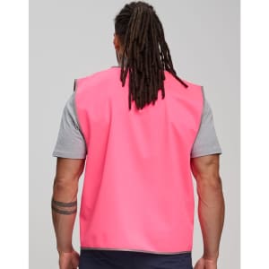 A pink Hi-Vis safety vest with a simple design and a branding logo, viewed from the back.
