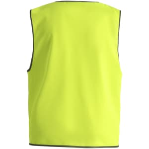 A hi-vis safety vest in bright yellow, featuring sleeveless design and a contrasting trim, with a logo.