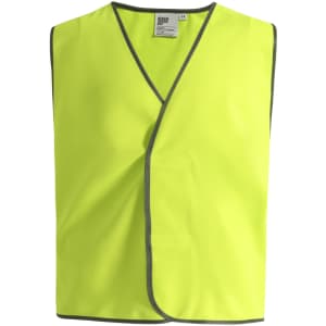 A hi-vis safety vest in bright yellow with contrasting trim and a simple design. It features a logo on the label.
