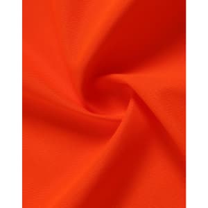 An orange fabric with a smooth texture, ideal for safety wear, featuring a logo in the corner.