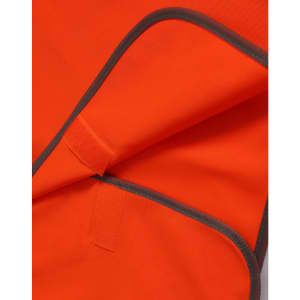 An orange Hi-Vis kid's safety vest with grey trim, featuring a Velcro closure.