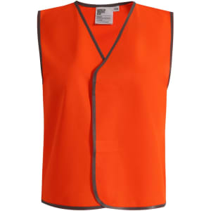 An orange Hi-Vis kid's safety vest with grey trim, featuring a logo on the inside. Suitable for safety wear.