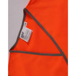 An orange safety vest with contrasting grey trim and an inner label, designed for children's safety wear.