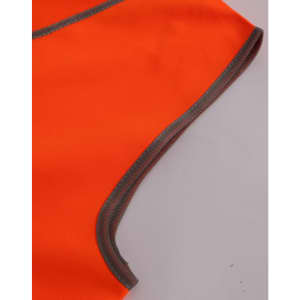A close-up of a bright orange safety vest with grey trim, designed for children's safety wear.
