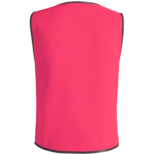 A pink kid’s safety vest with grey edges, designed as part of safety wear uniforms, featuring a simple design and no front embellishments.