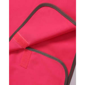 A bright pink safety vest with contrasting grey trim and a Velcro closure. It features a logo on the fabric.